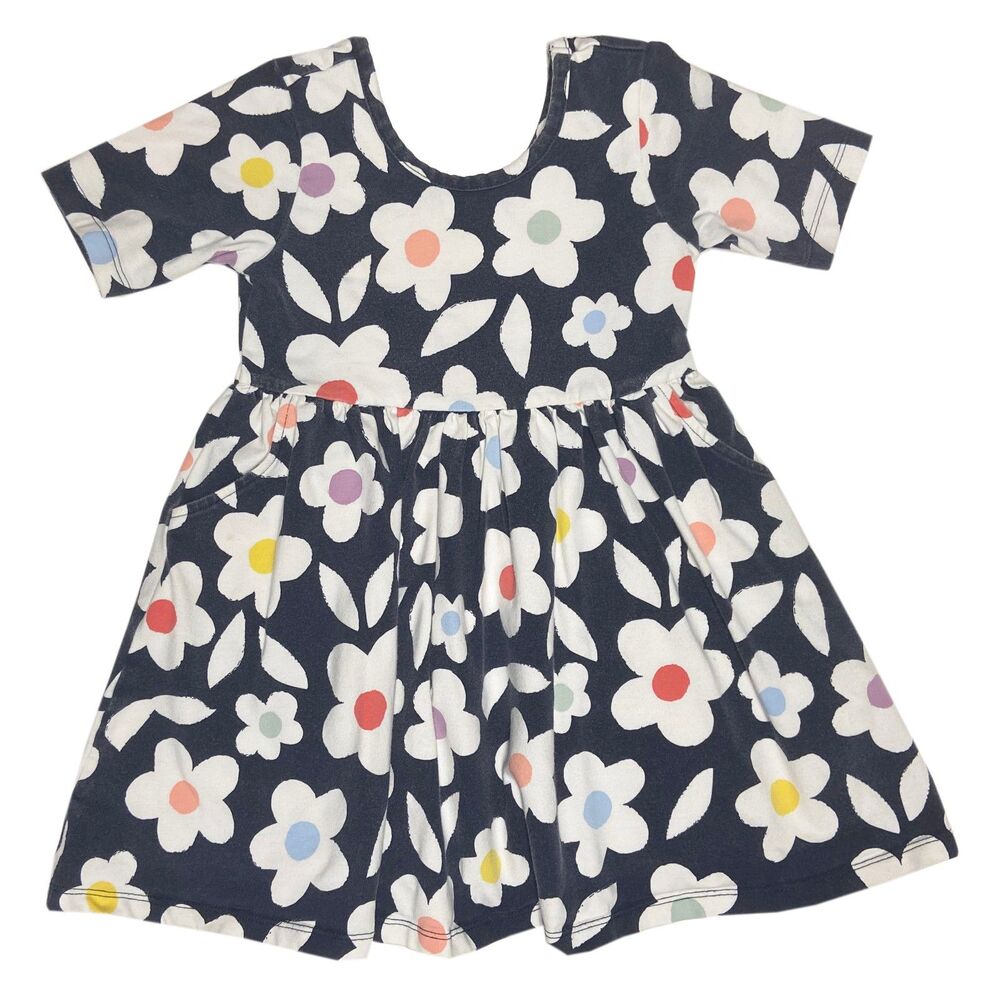 Quince Organic Cotton Skater Dress Size 3T Blue White Geo Daisy Short Sleeves
